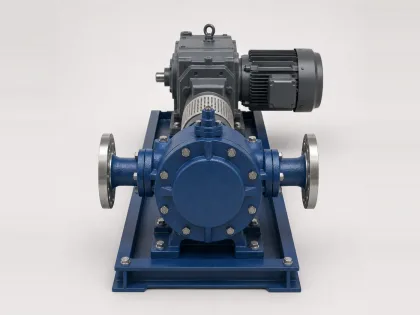 Internal gear positive displacement pump driven through a gearbox and electric motor, with flanged connections