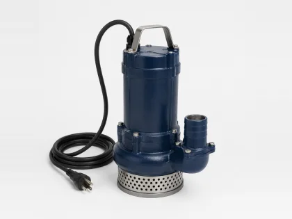 Submersible drainage pump with stainless strainer, side discharge connection, lifting handle and power cable