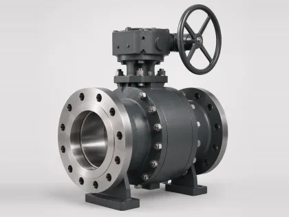 Trunnion-mounted ball valve with flanged ends, gear operator and support feet