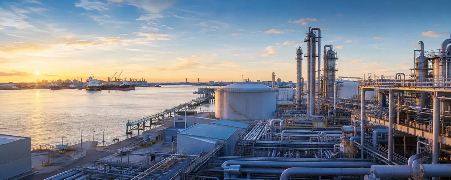 Petrochemical and marine terminal at sunset, Singapore